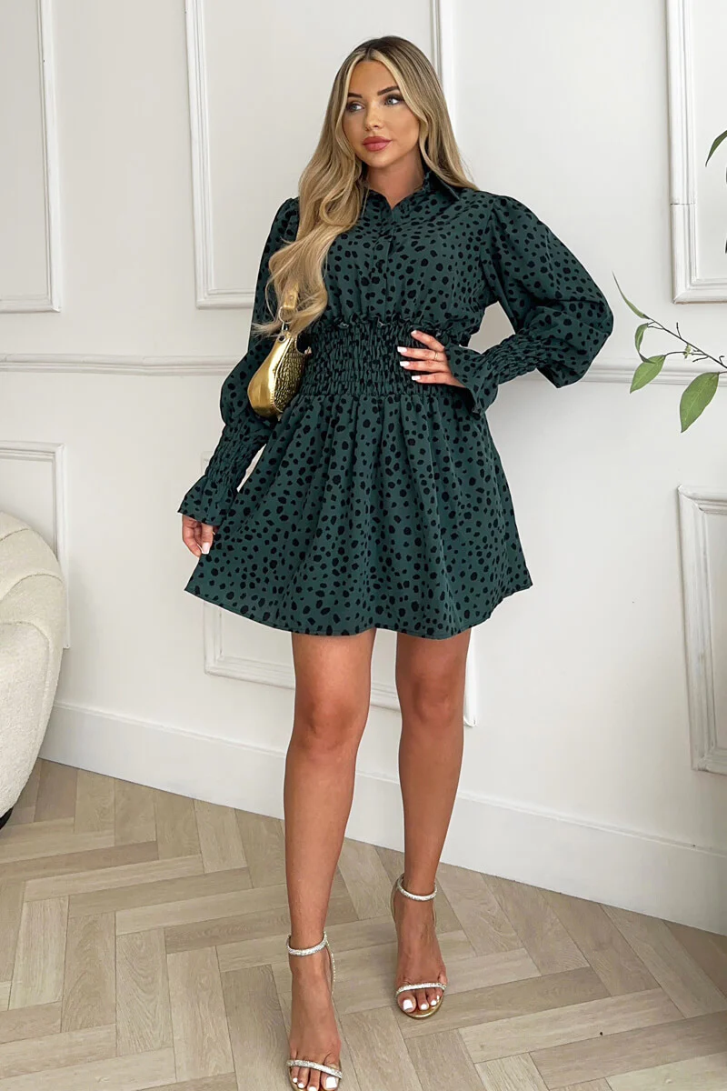 Teal Printed Shirred Detail Long Sleeve Shirt Skater Dress - Image 3
