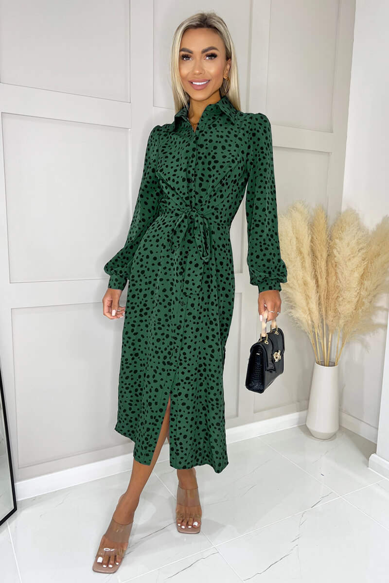 Teal Printed Tie Waist Button Front Shirt Midi Dress - Image 2