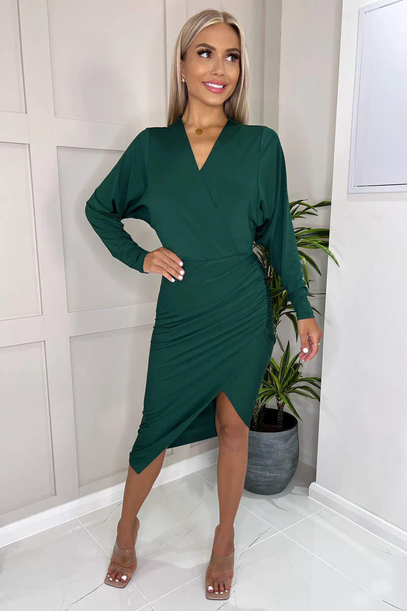 Teal Ruched Side Wrap Top Midi Dress - Image 2