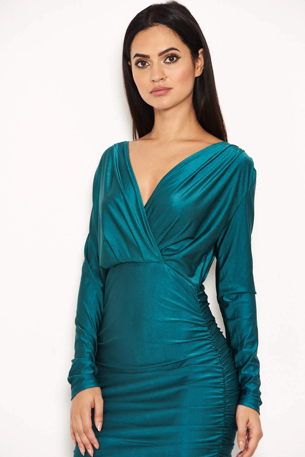 Teal Ruched Wrap Dress - Image 3