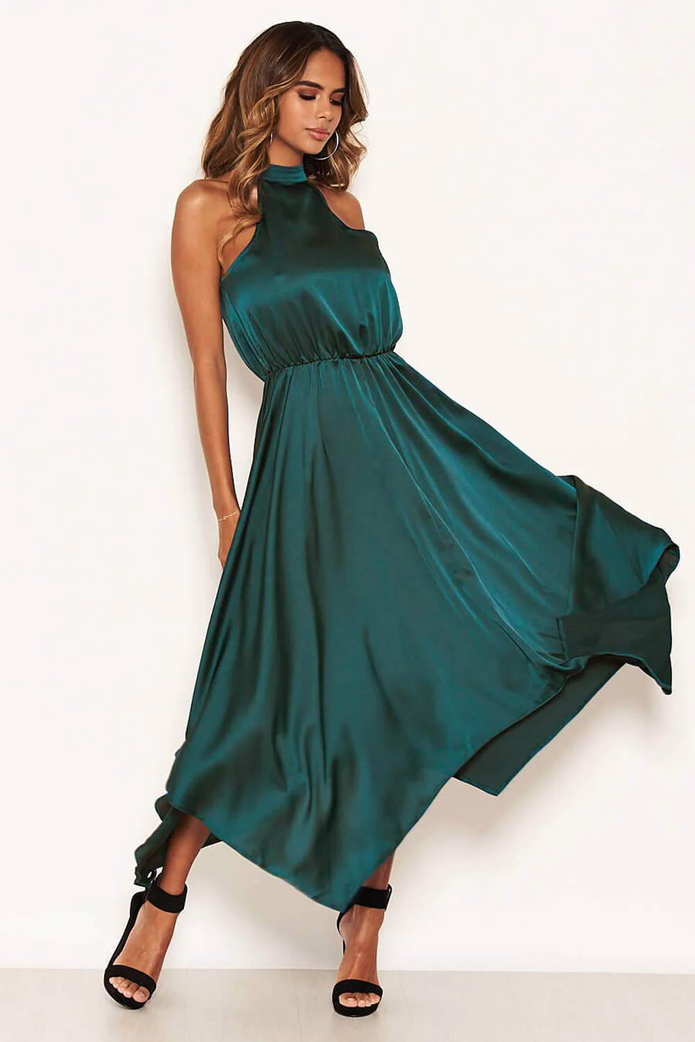 Teal Satin Sleeveless Maxi Dress - Image 5