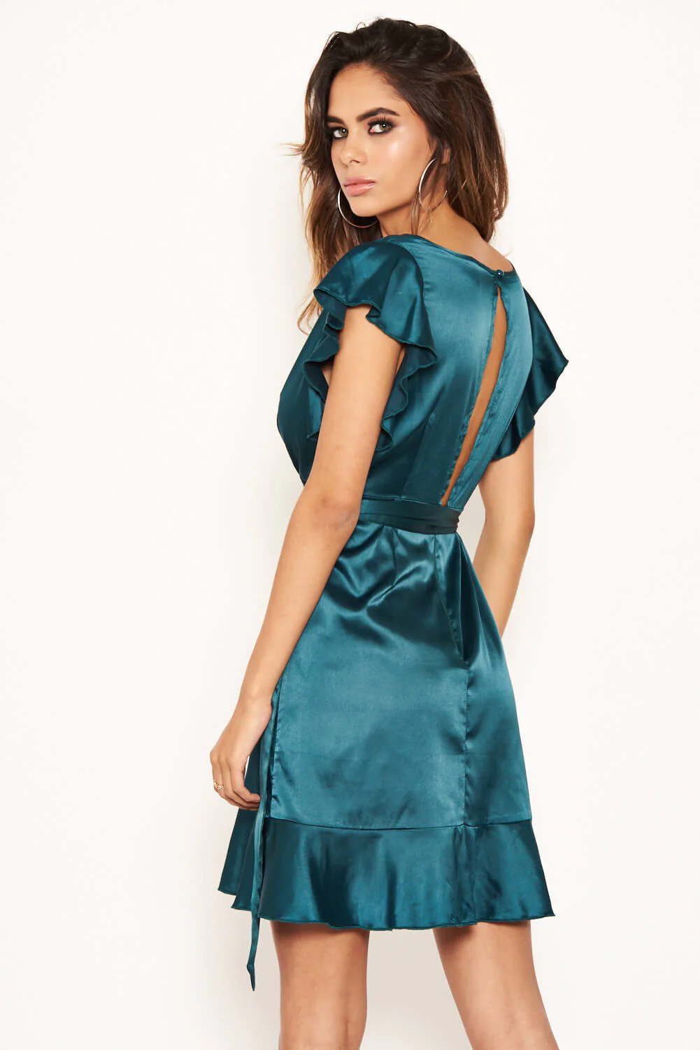 Teal Satin Wrap Over Open Back Dress - Image 3