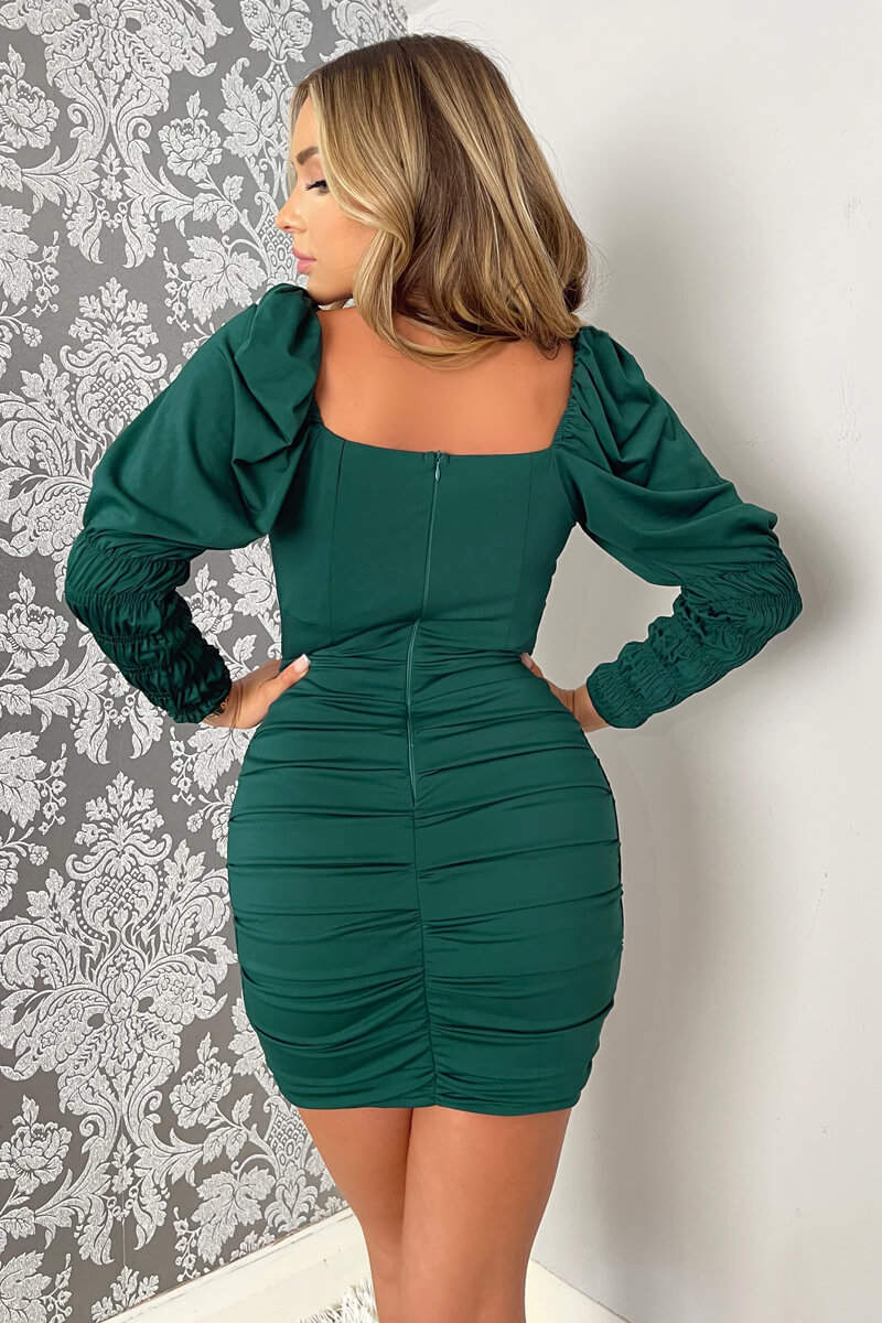 Teal Shirred Sleeve Ruched Skirt Mini Bodycon Dress - Image 4