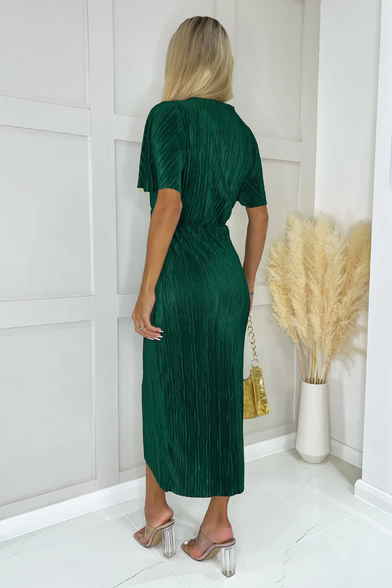 Teal Short Sleeve Plisse Wrap Midi Dress - Image 4