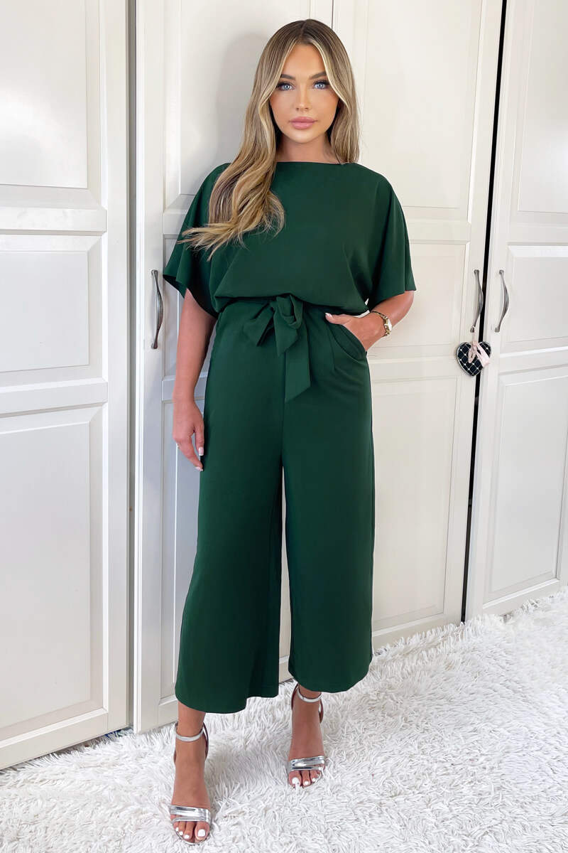 Teal Tie Waist Short Sleeve Culotte Jumpsuit - Image 3
