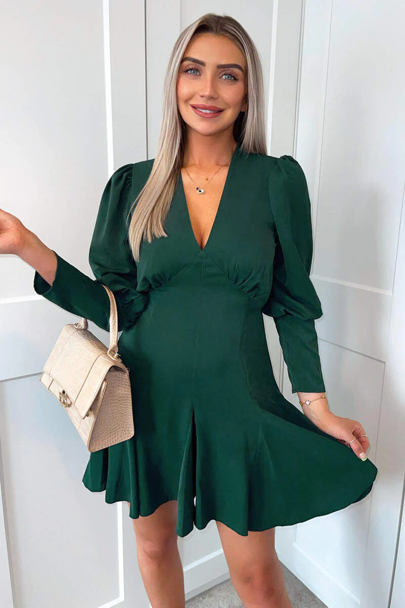 Teal V-Neck Long Sleeve Skater Dress - Image 2
