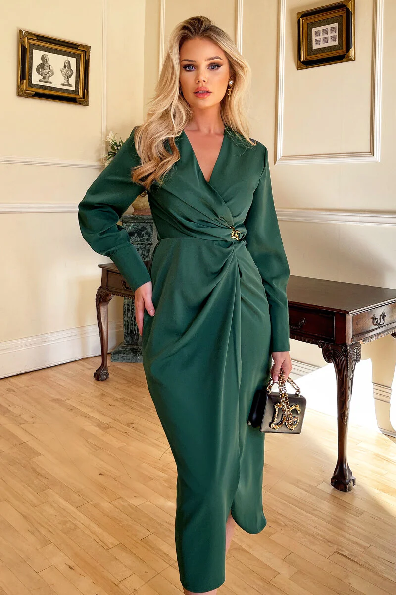 Teal Wrap Gold Buckle Midi Dress - Image 3