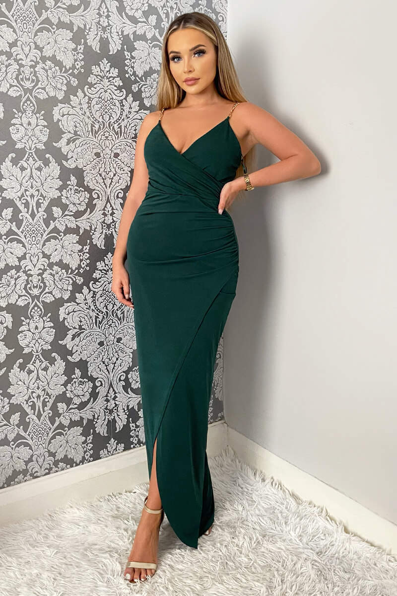 Teal Wrap Over Midi Dress With Chain Straps - Image 2