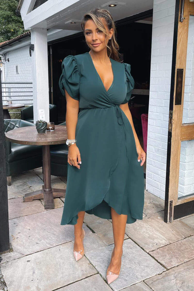 Teal Wrap Over Tie Midi Dress - Image 3