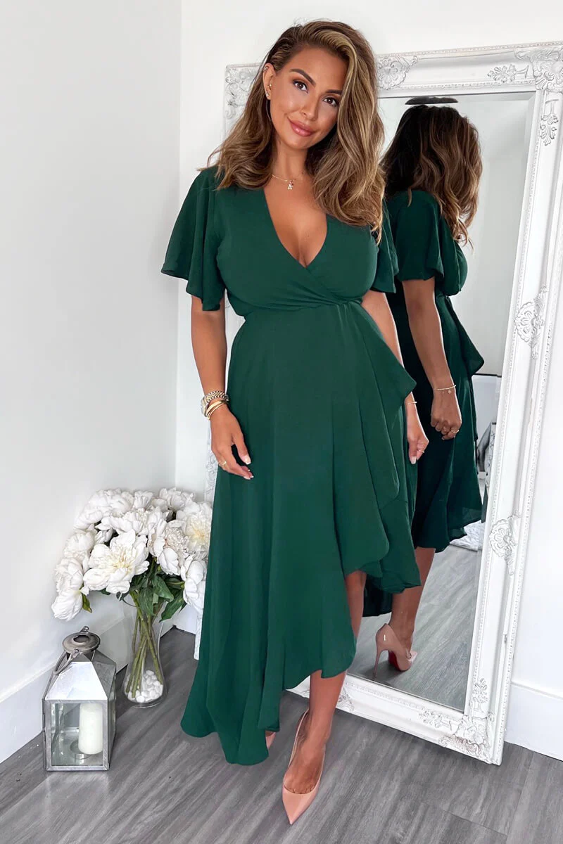 Teal Wrap Over Top Frill Hem Midi Dress - Image 3