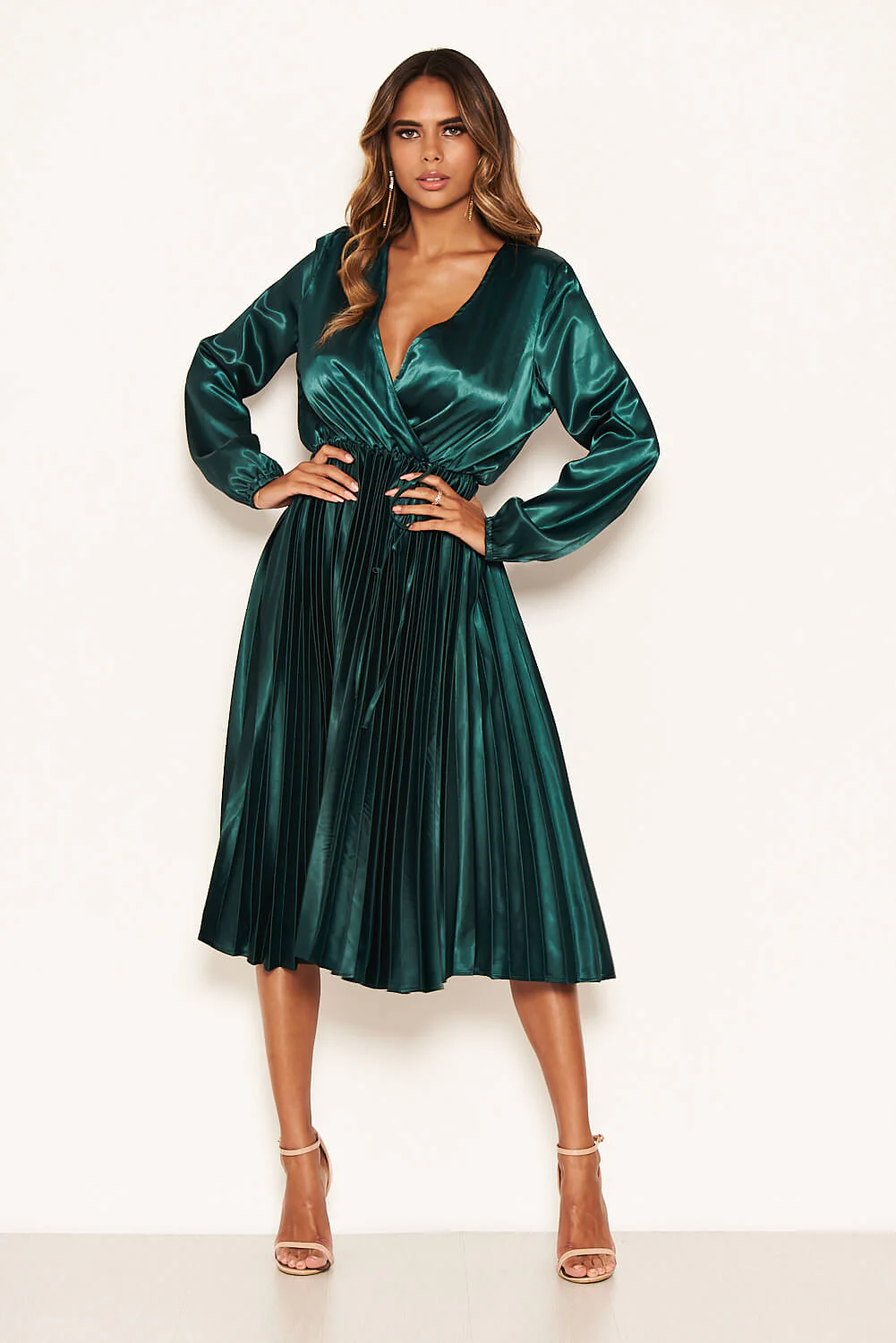Teal Wrap Pleated Satin Dress - Image 3