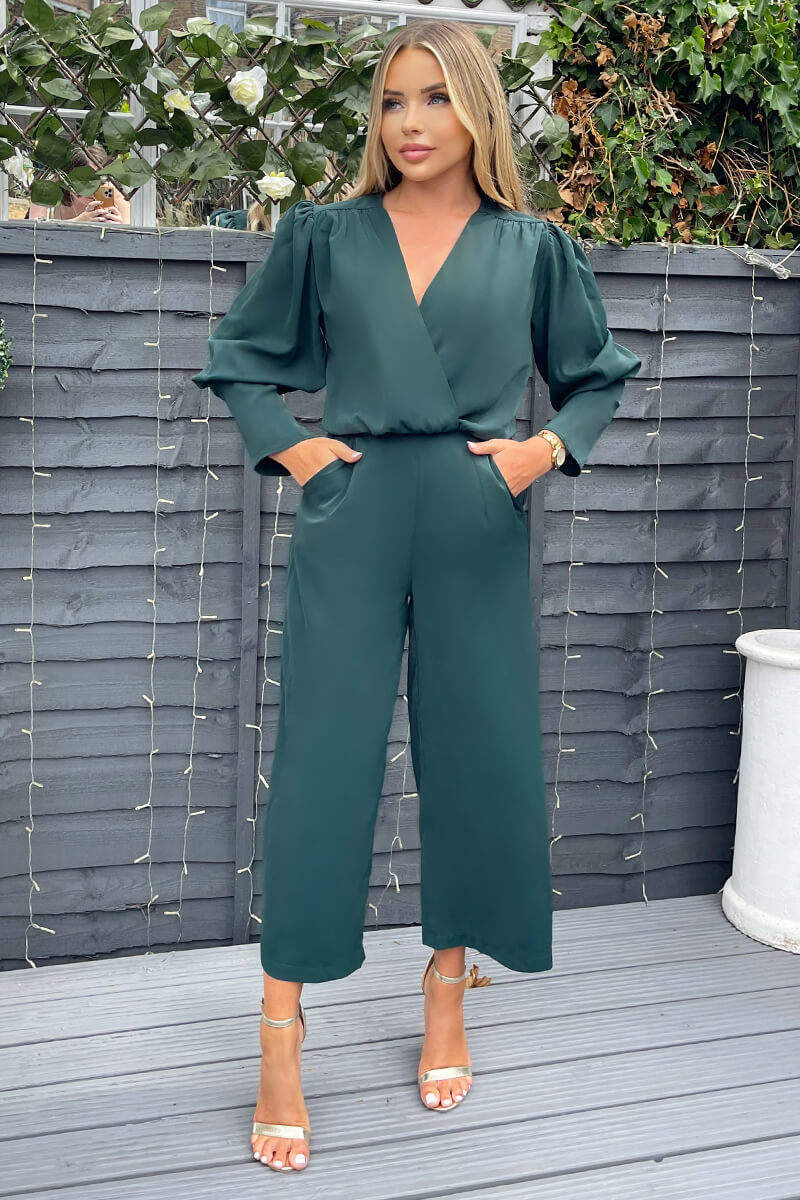 Teal Wrap Top Long Sleeve Culotte Jumpsuit - Image 2