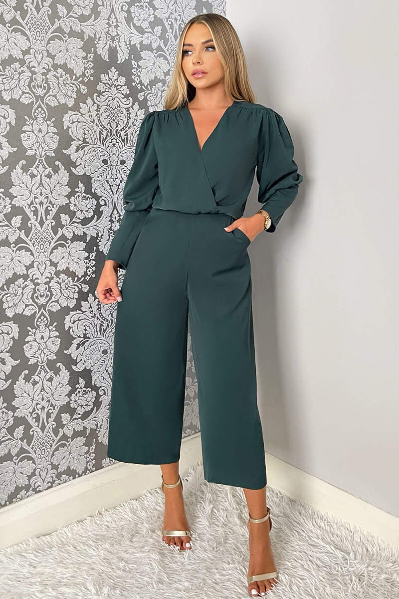 Teal Wrap Top Long Sleeve Culotte Jumpsuit - Image 3
