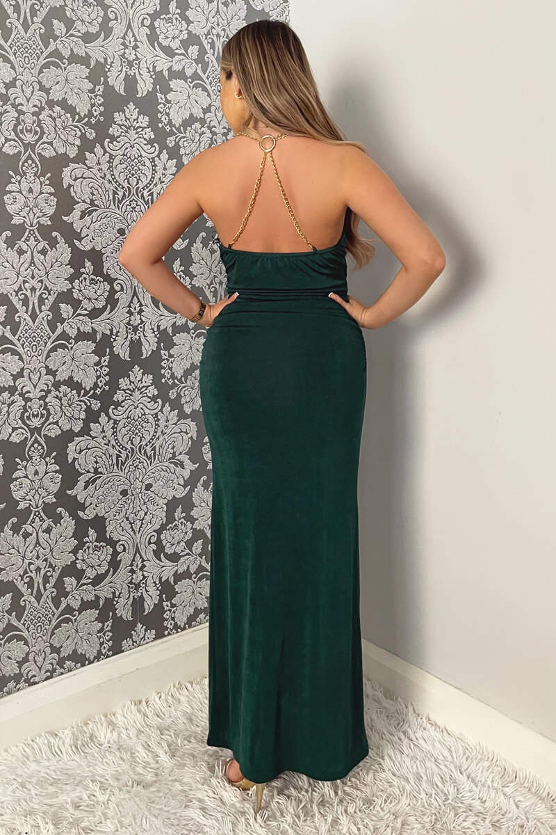 Teal Wrap Top Ruched Side Chain Strap Midi Dress - Image 4