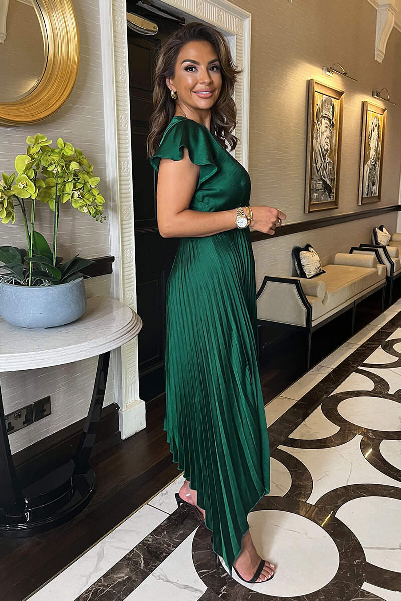 Teal Wrap Top Zig Zag Hem Pleated Midi Dress - Image 4