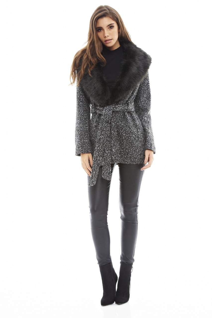 Tie  Belt  Fur  Collar Coat - Image 2