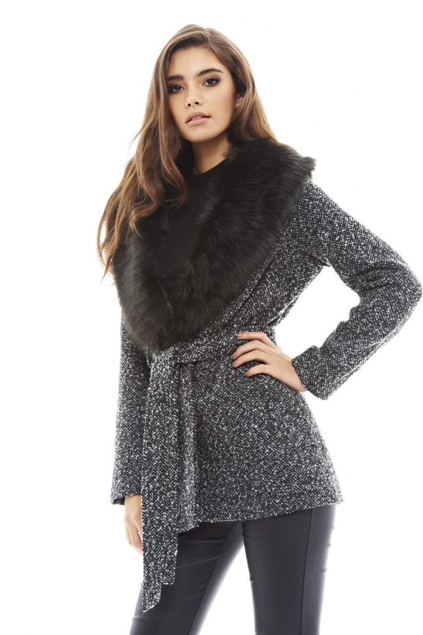 Tie  Belt  Fur  Collar Coat - Image 3