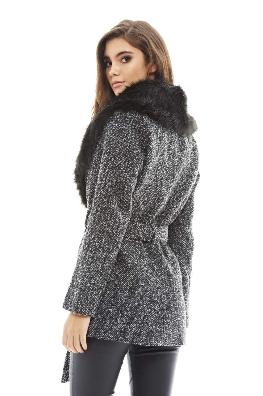 Tie  Belt  Fur  Collar Coat - Image 4