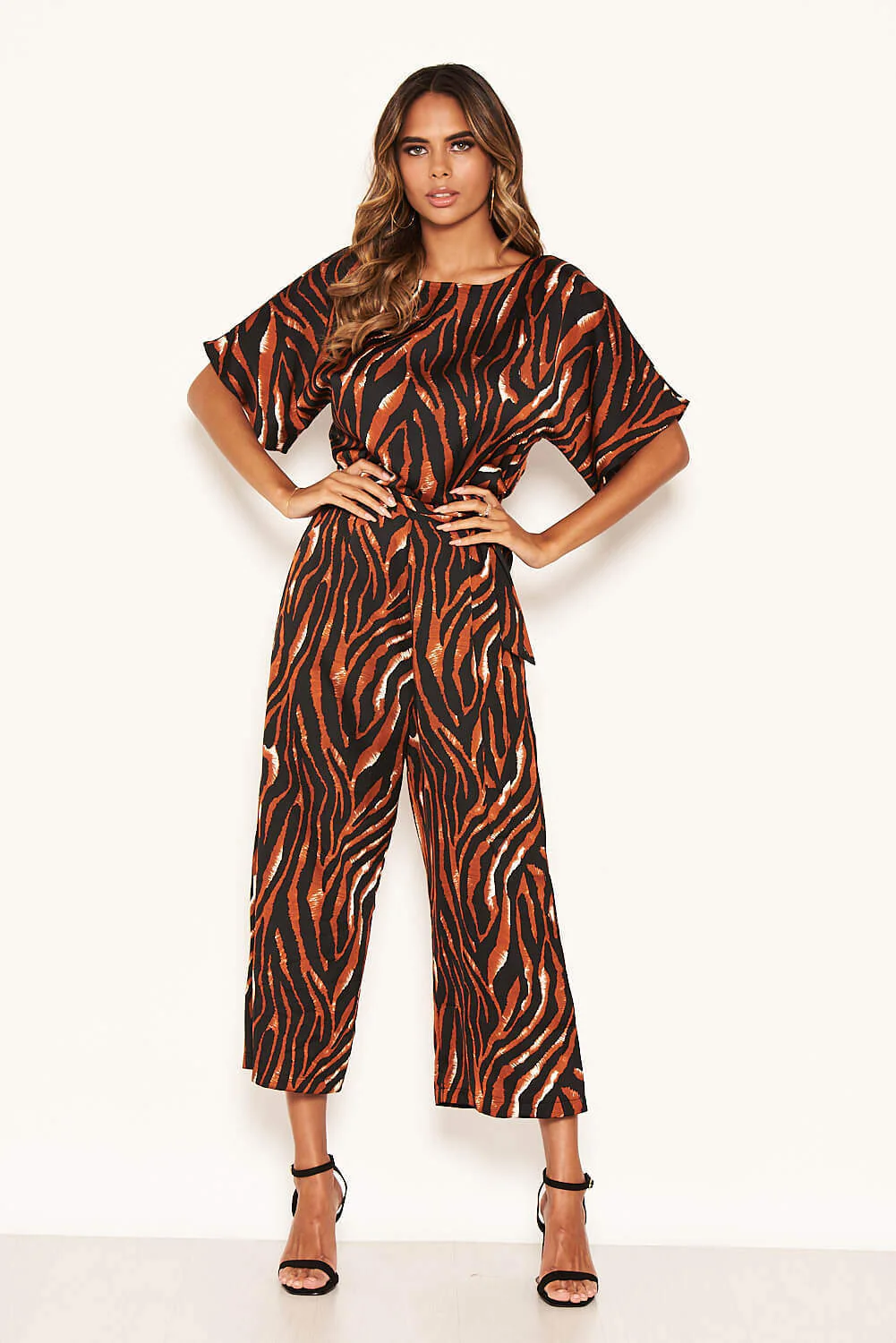 Tiger Print Belted Culotte Jumpsuit - Image 2