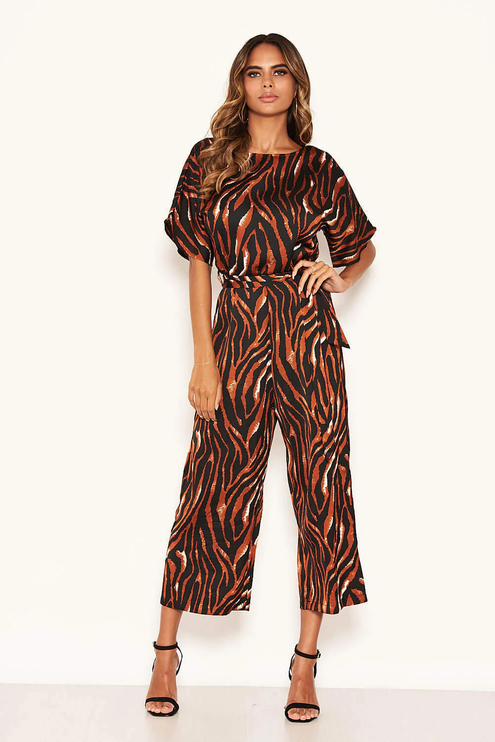Tiger Print Belted Culotte Jumpsuit - Image 3