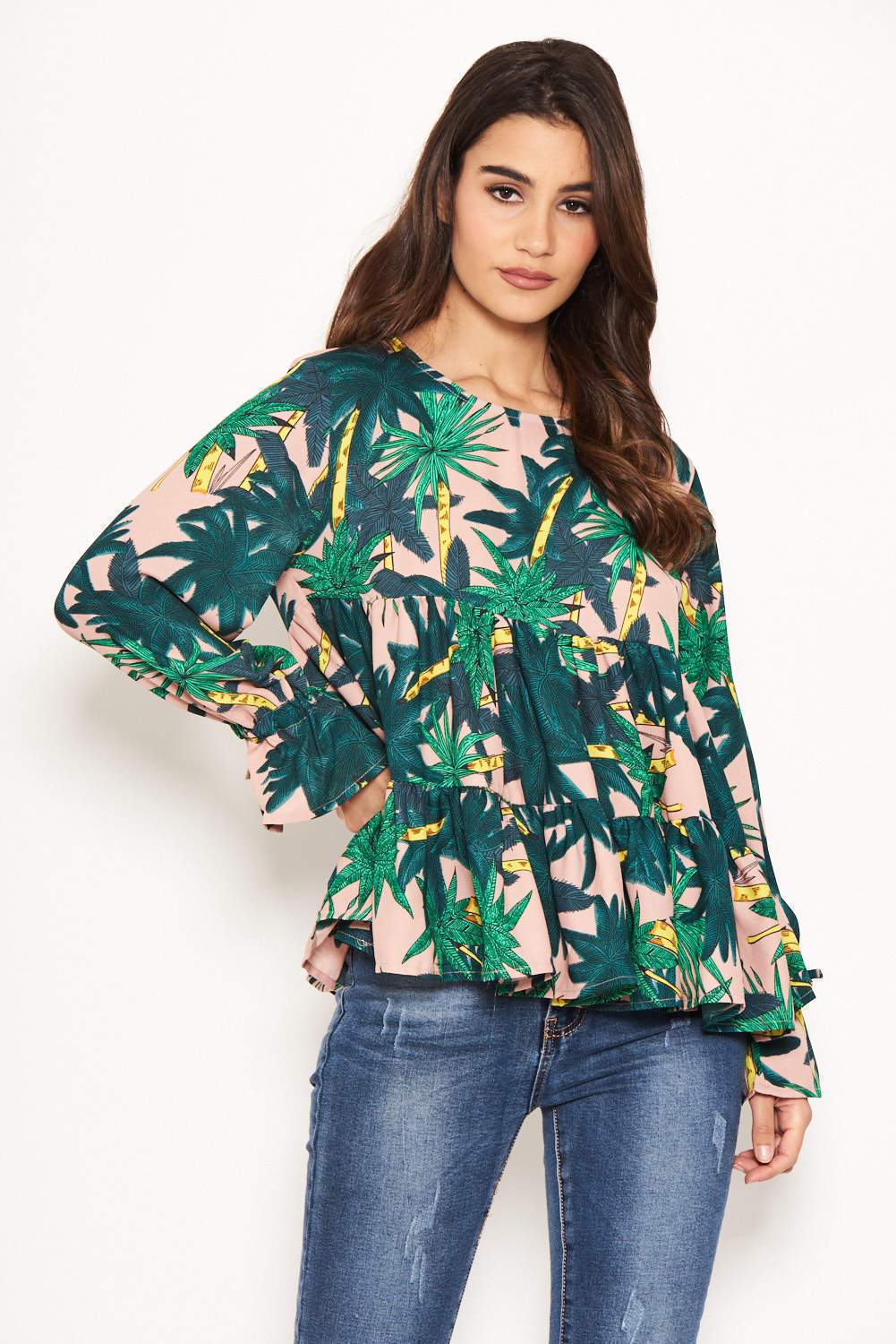 Tropical Printed Peplum Tiered Top - Image 5