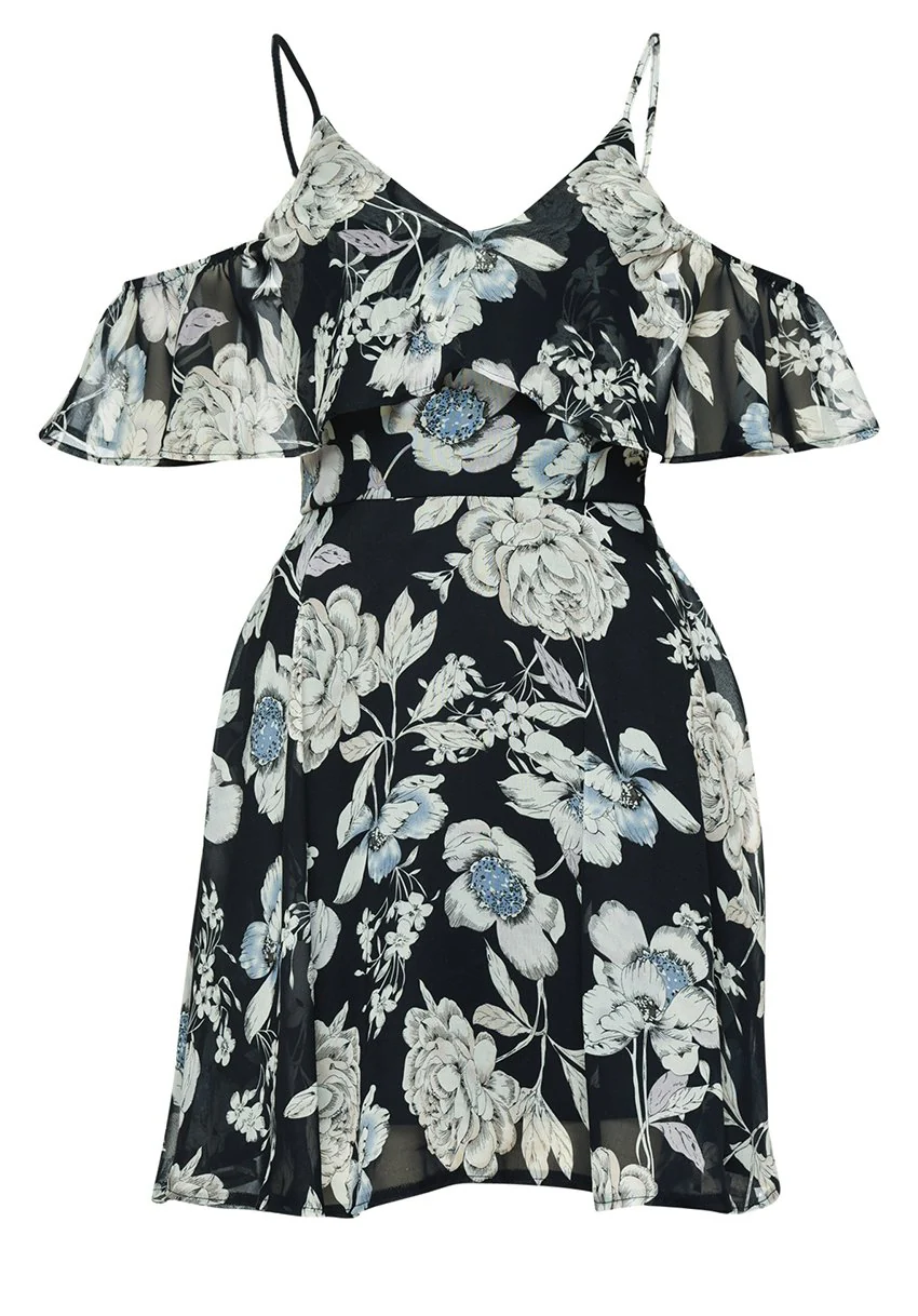 V Neck Frill Sleeve Cold Shoulder Swing Dress - Image 4