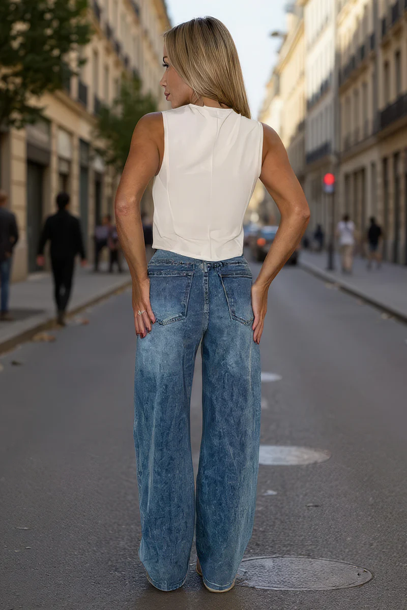 Vintage Wash Asymmetric Waist Wide Leg Jeans - Image 4