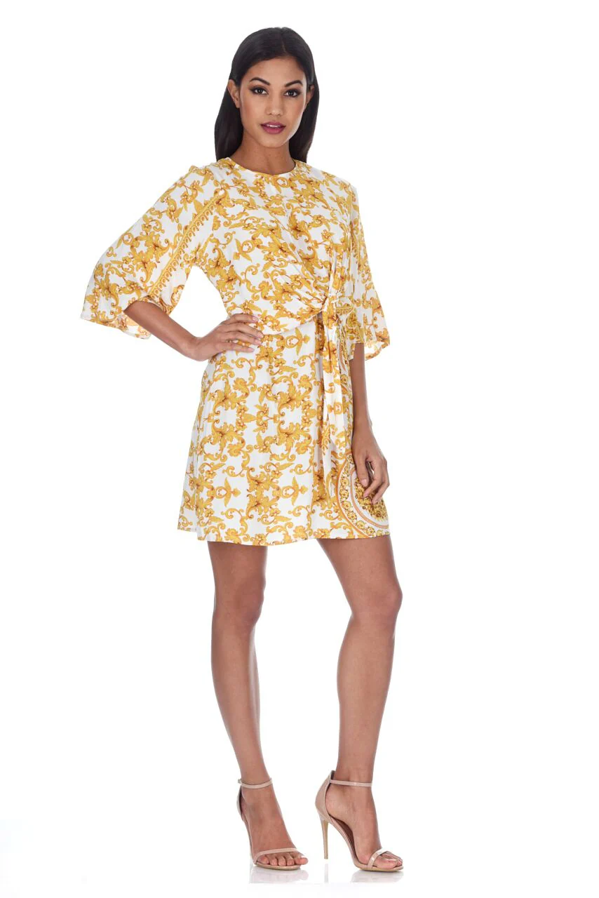 White And Gold Patterned Shift Dress With Flared Sleeves - Image 2