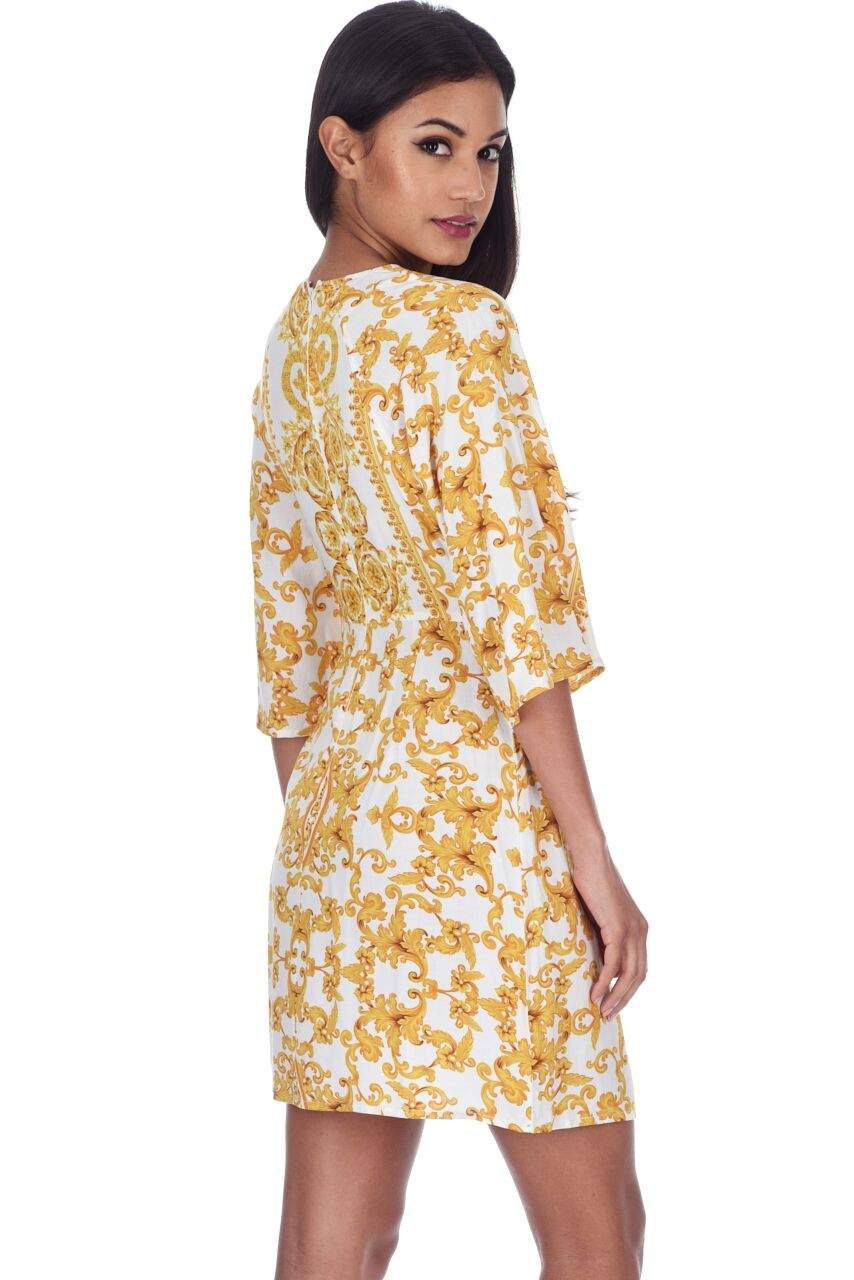 White And Gold Patterned Shift Dress With Flared Sleeves - Image 3