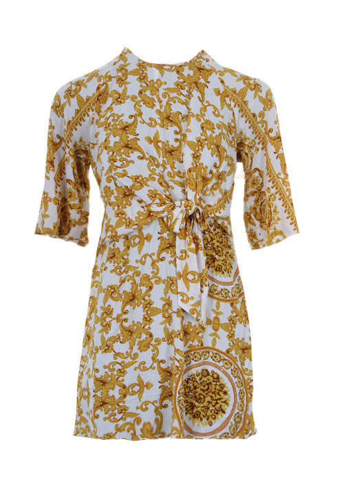 White And Gold Patterned Shift Dress With Flared Sleeves - Image 4
