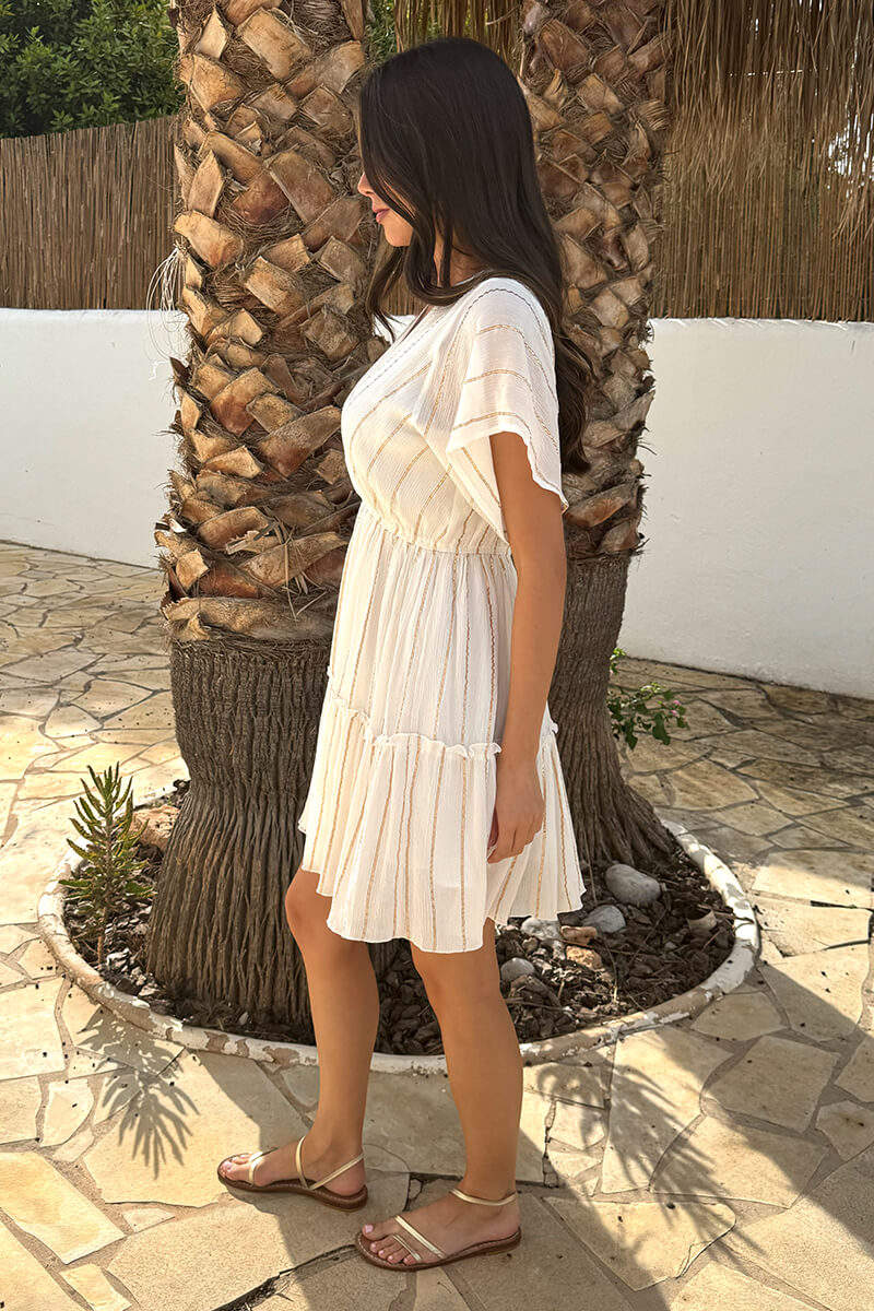 White And Gold Striped Wrap Top Tiered Mini Dress - Image 3