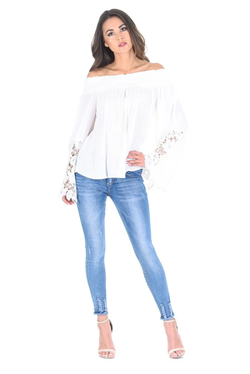 White Bardot Top with Crochet Sleeves - Image 2