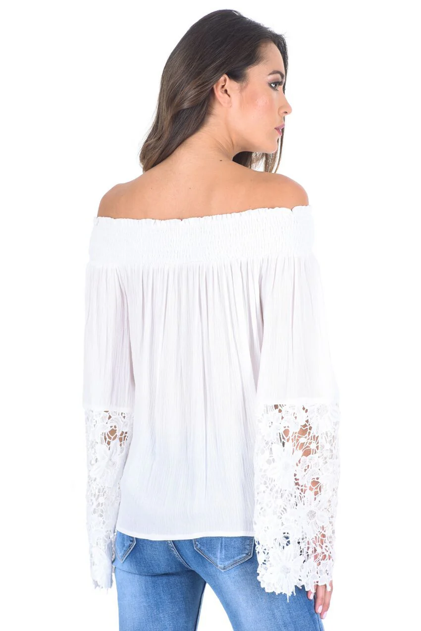 White Bardot Top with Crochet Sleeves - Image 3