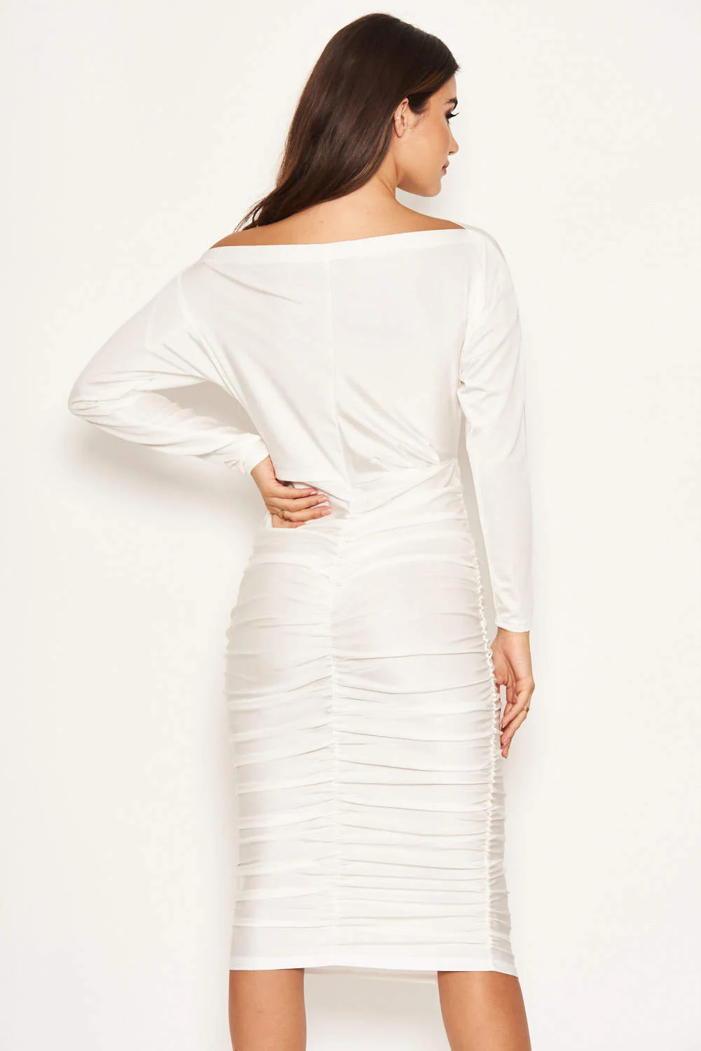 White Boat Neck Dress With Ruched Detail - Image 8
