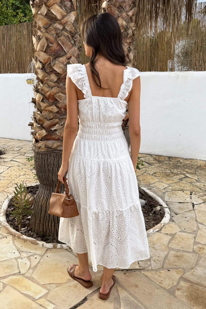 White Broderie Frill Strap Smock Midi Dress - Image 5