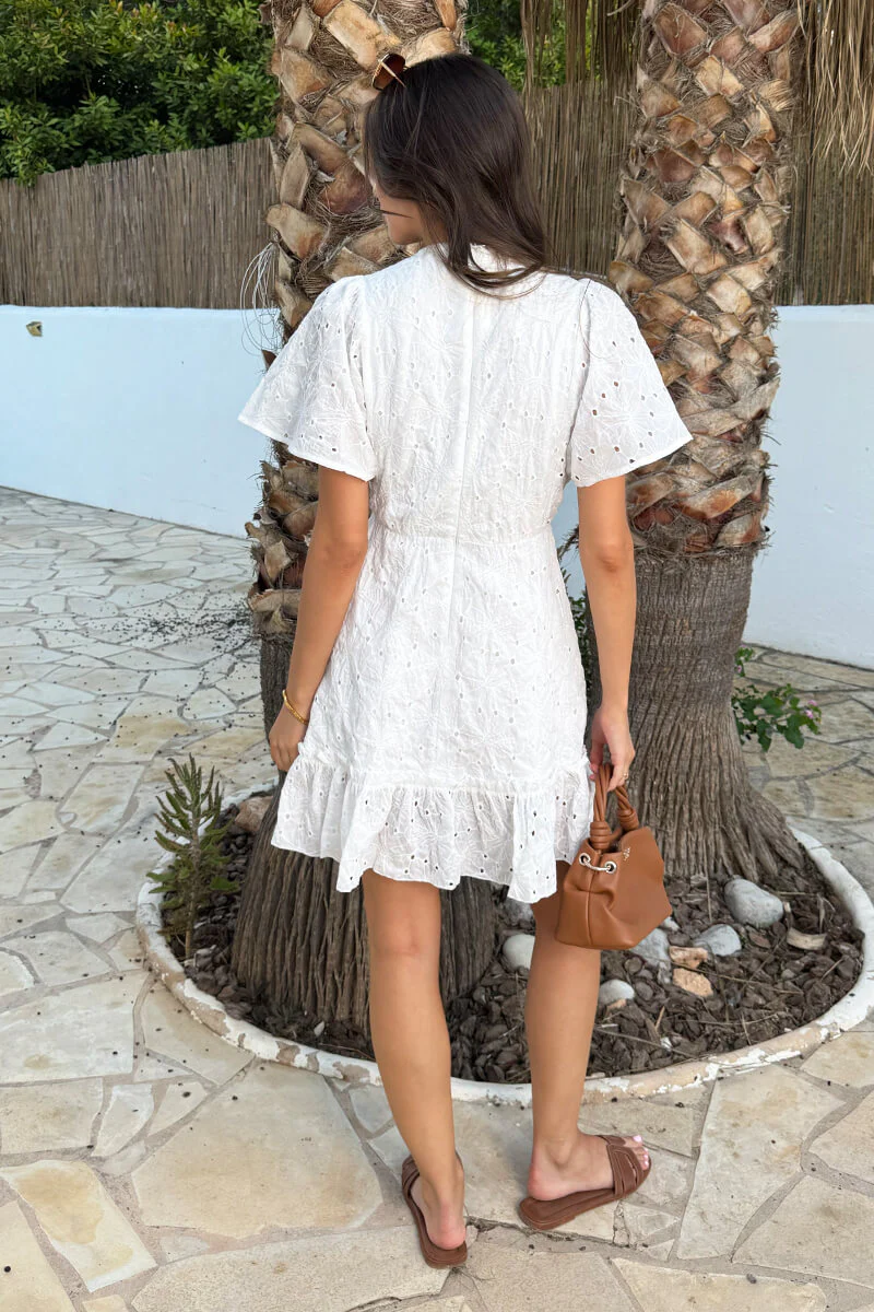 White Floral Broderie V Neck Frill Hem Mini Dress - Image 5