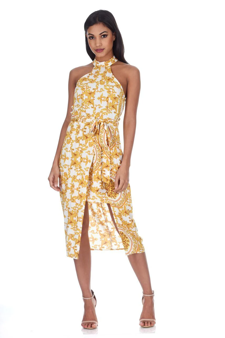White Halter Neck With Gold Pattern Midi Dress - Image 2