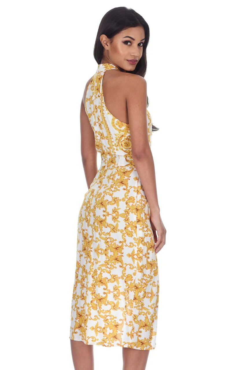 White Halter Neck With Gold Pattern Midi Dress - Image 3