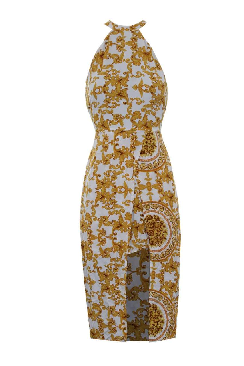 White Halter Neck With Gold Pattern Midi Dress - Image 4