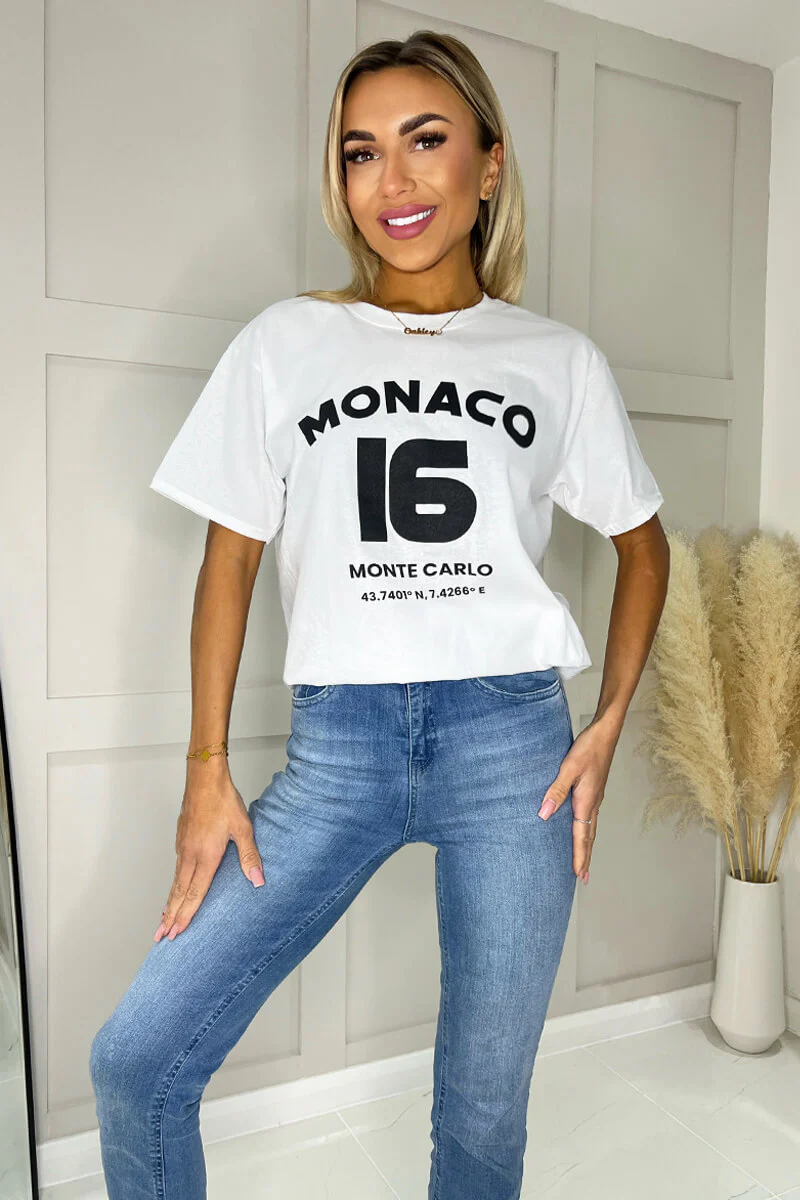 White Monaco Slogan T-Shirt - Image 3