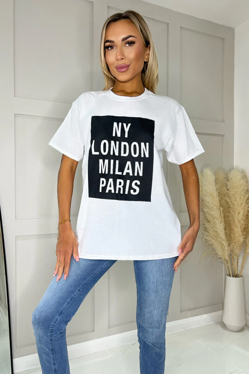 White NY London Milan Paris Slogan T-Shirt