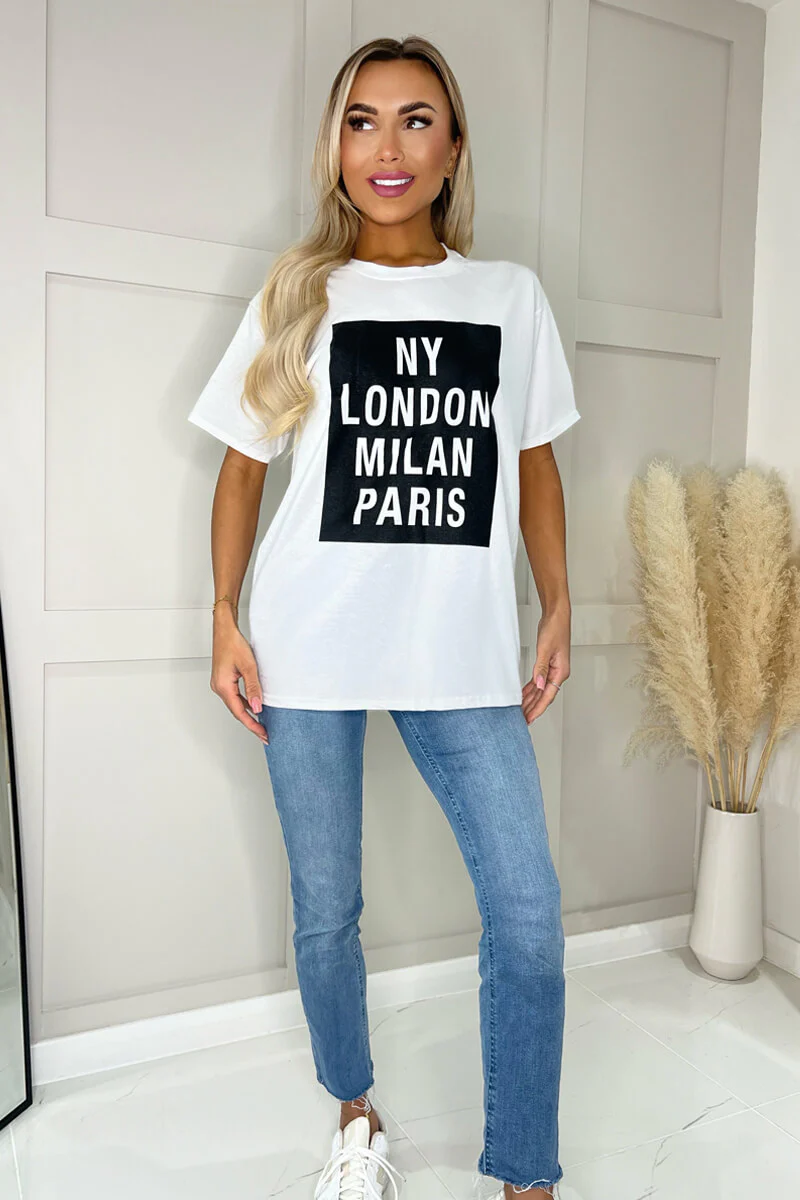 White NY London Milan Paris Slogan T-Shirt - Image 2