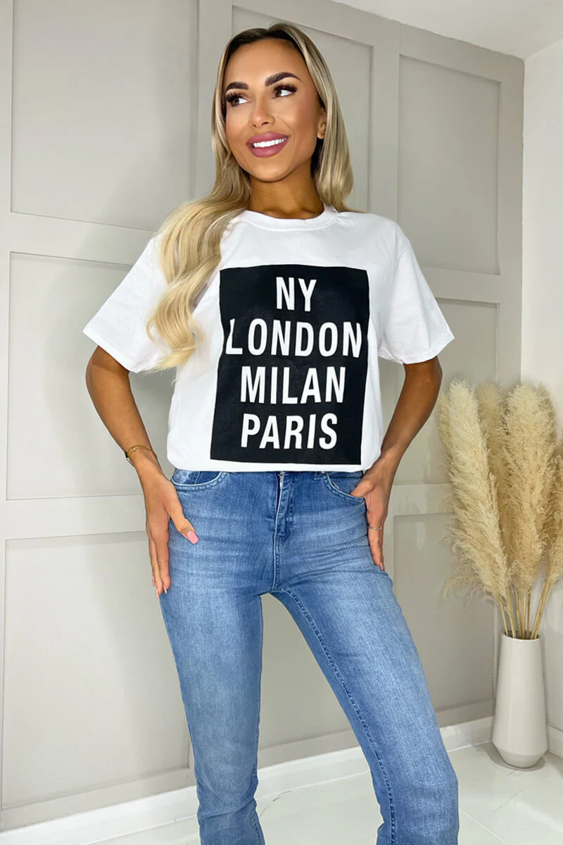 White NY London Milan Paris Slogan T-Shirt - Image 3