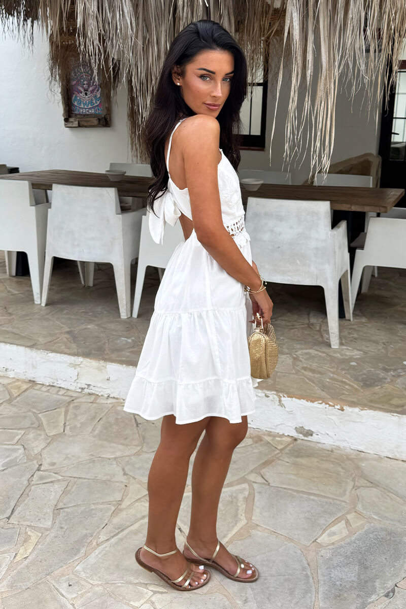 White Open Tie Back Crochet Detail Tiered Mini Dress - Image 5