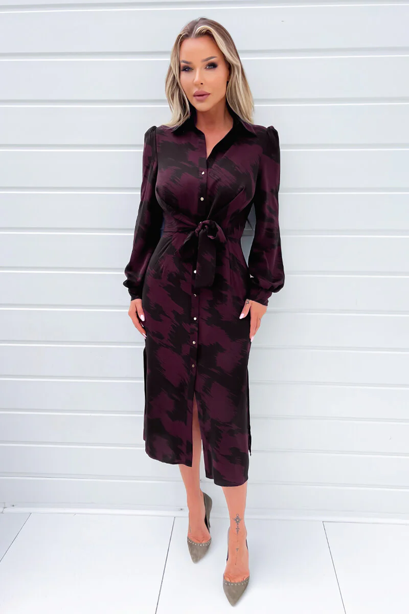 Wine And Black Printed Button Front Tie Shirt Dress - Image 2