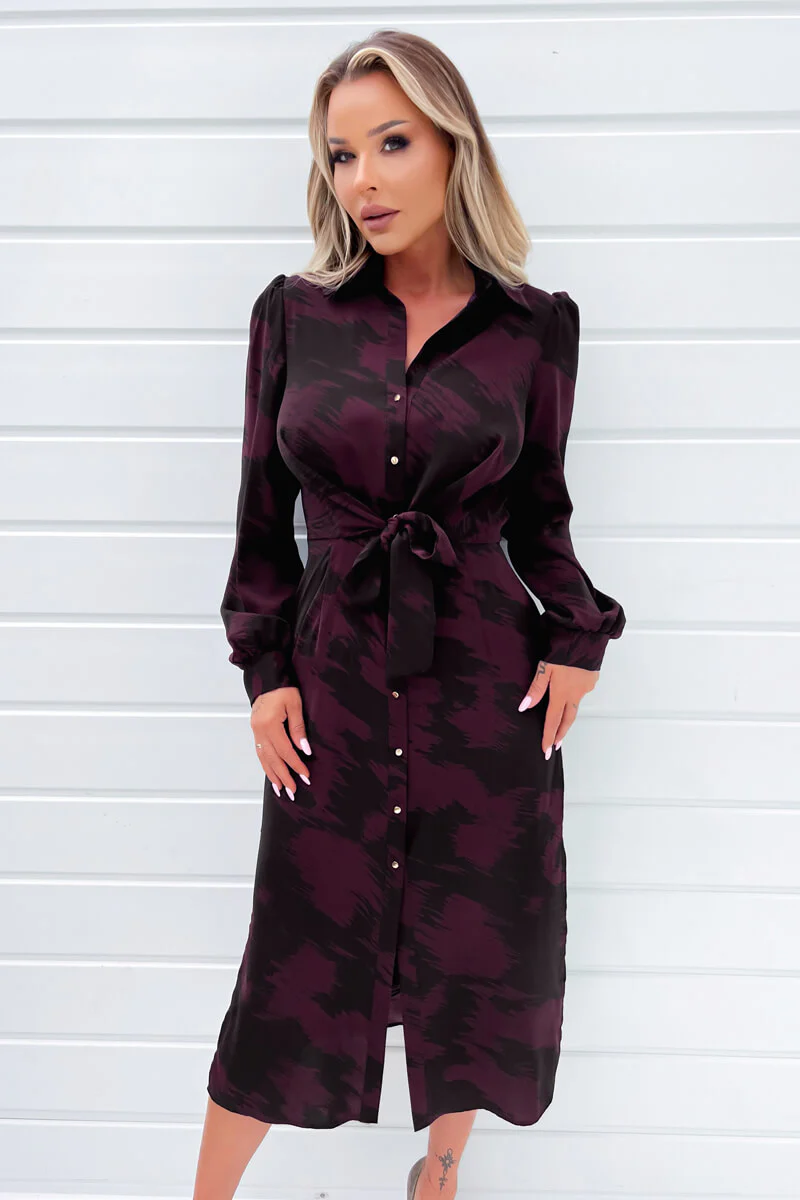 Wine And Black Printed Button Front Tie Shirt Dress - Image 3