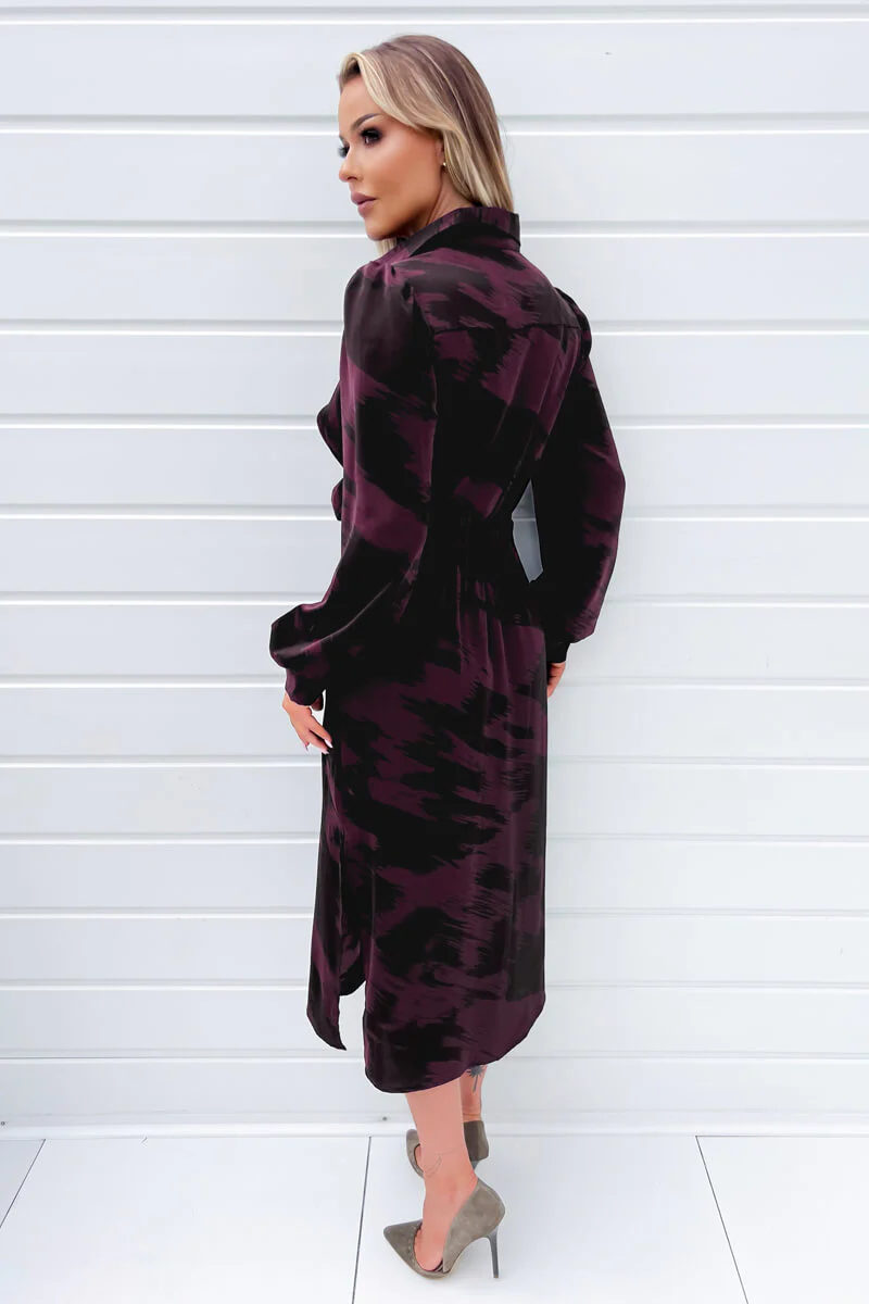 Wine And Black Printed Button Front Tie Shirt Dress - Image 4