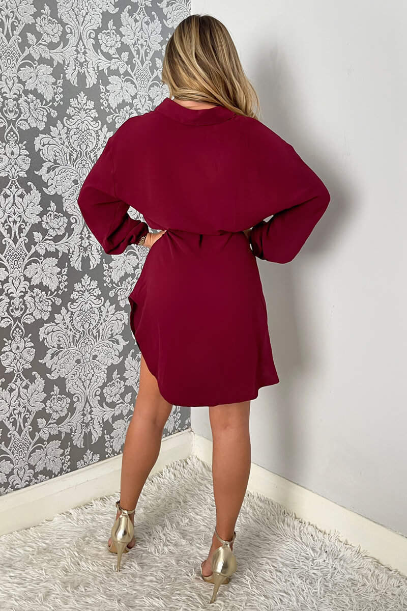 Wine Belted Long Sleeve Shirt Dress - Image 4