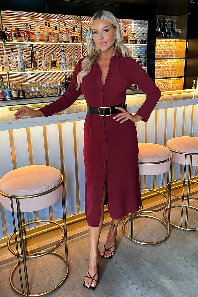 Wine Button Front Belted Shirt Midi Dress - Image 3