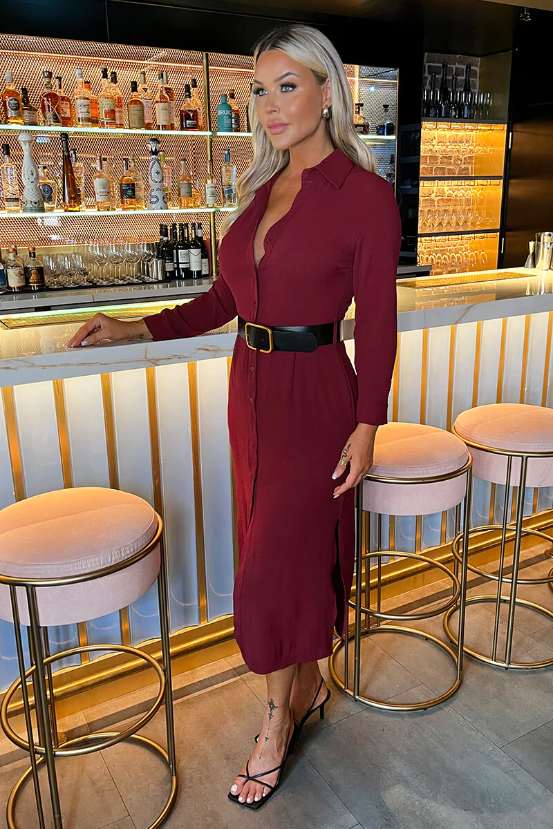 Wine Button Front Belted Shirt Midi Dress - Image 4